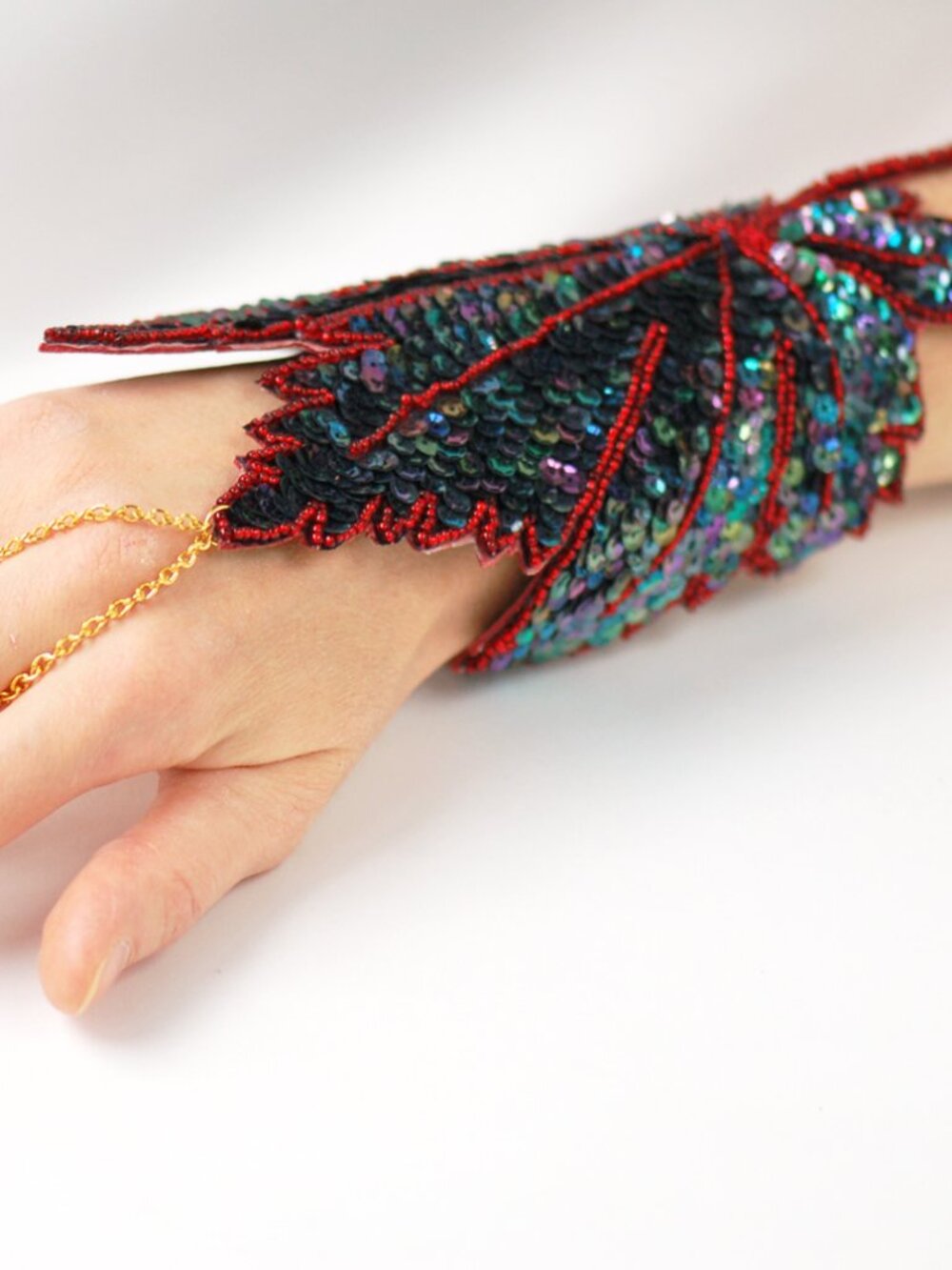 Avant-garde sequin bracelet cuff - Maple leaf shaped multicolored sequin